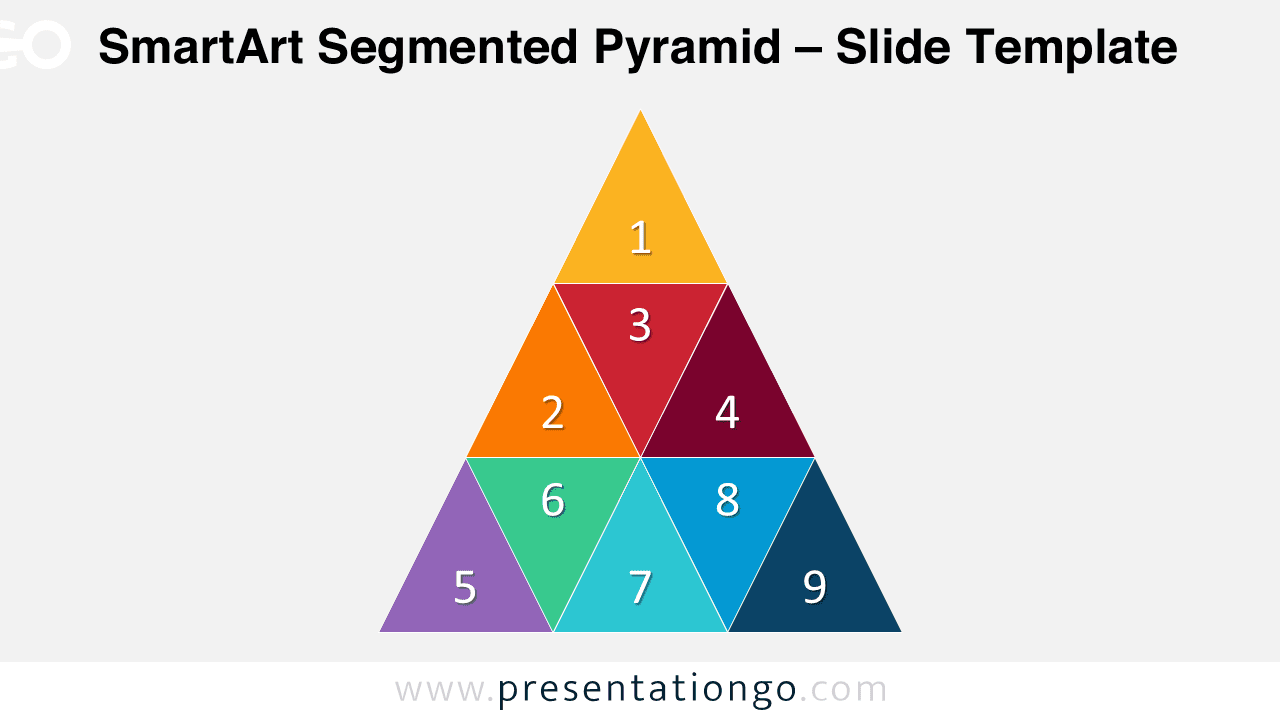PowerPoint segmented pyramid diagram SmartArt with 9 colored sections showing hierarchical structure and editable stages