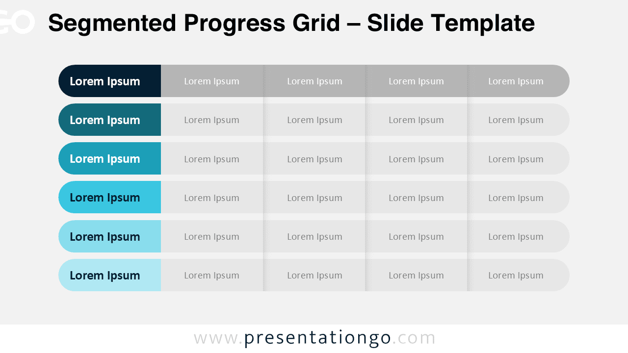 Horizontal Segmented Progress Grid diagram for PowerPoint and Google Slides designed for tier comparisons and KPI overview slides.