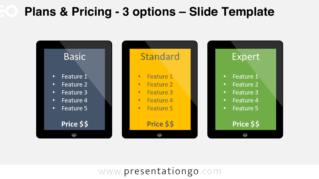 Three pricing plans PowerPoint comparison slide showing Basic Standard and Expert options in tablet-style layout for plan or subscription pricing