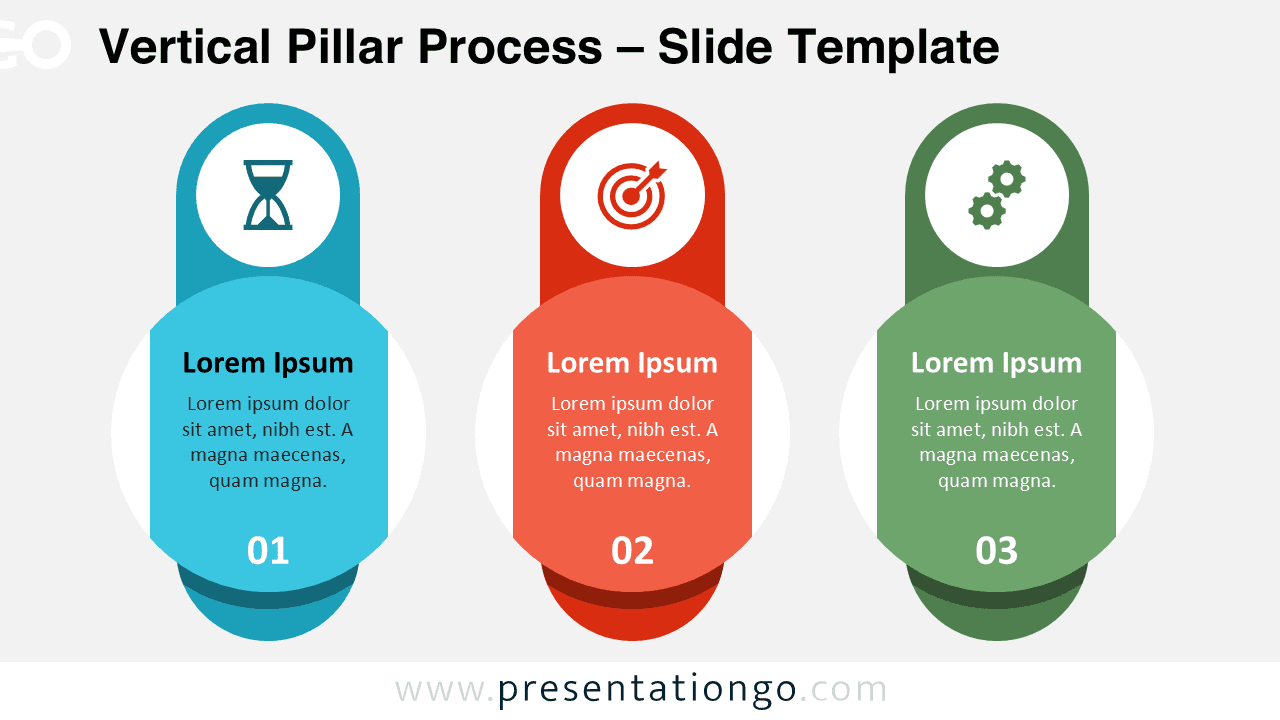 Three-step Vertical Pillar Process for PowerPoint and Google Slides with circular overlays and editable icon placeholders.