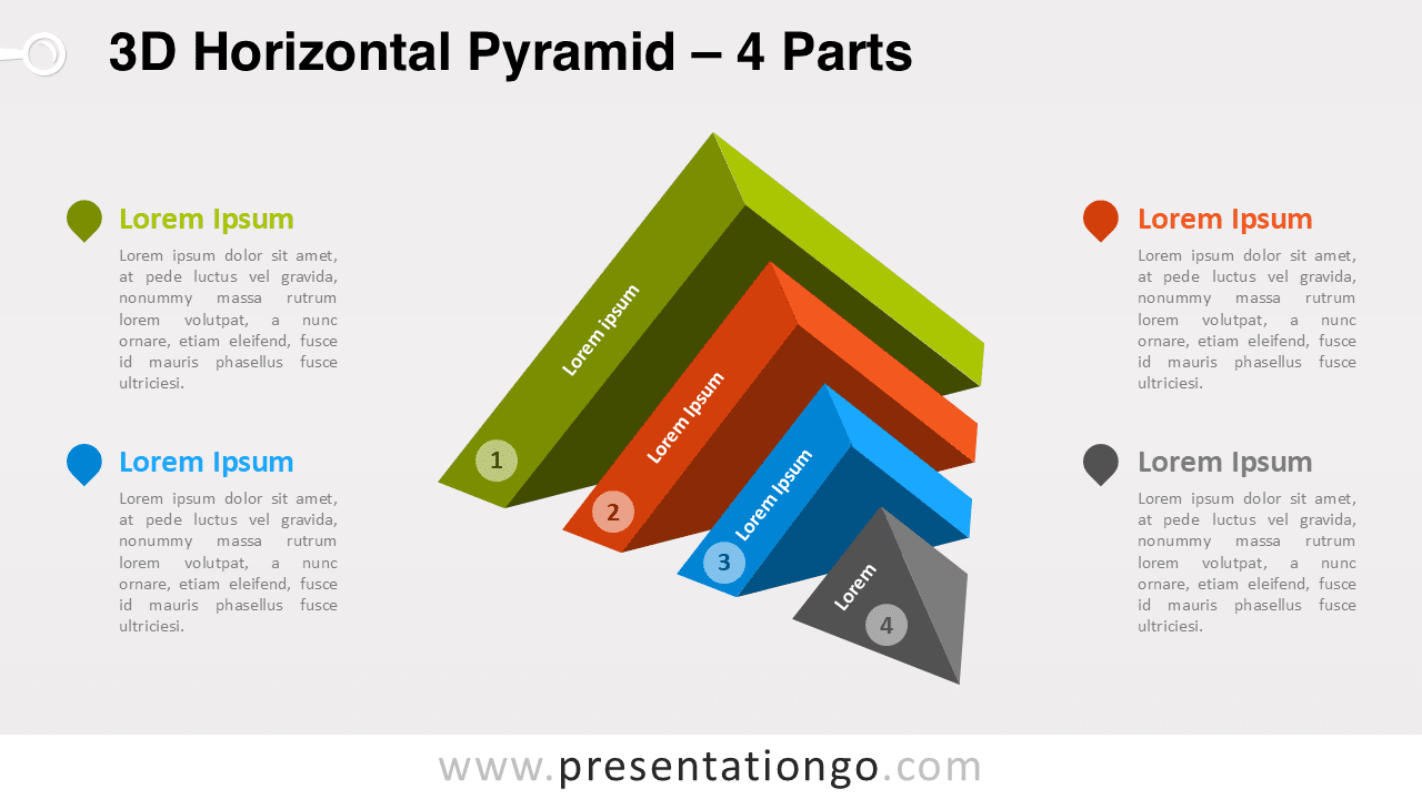 3D horizontal pyramid diagram template for PowerPoint showing four layered pyramid segments illustrating steps, process stages or progression.