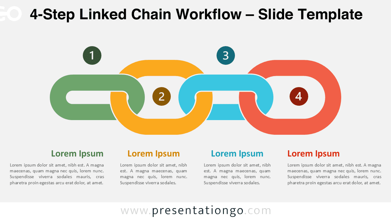 4-step linked chain workflow diagram for PowerPoint showing interlocking chain shapes for connected process steps, also editable in Google Slides.