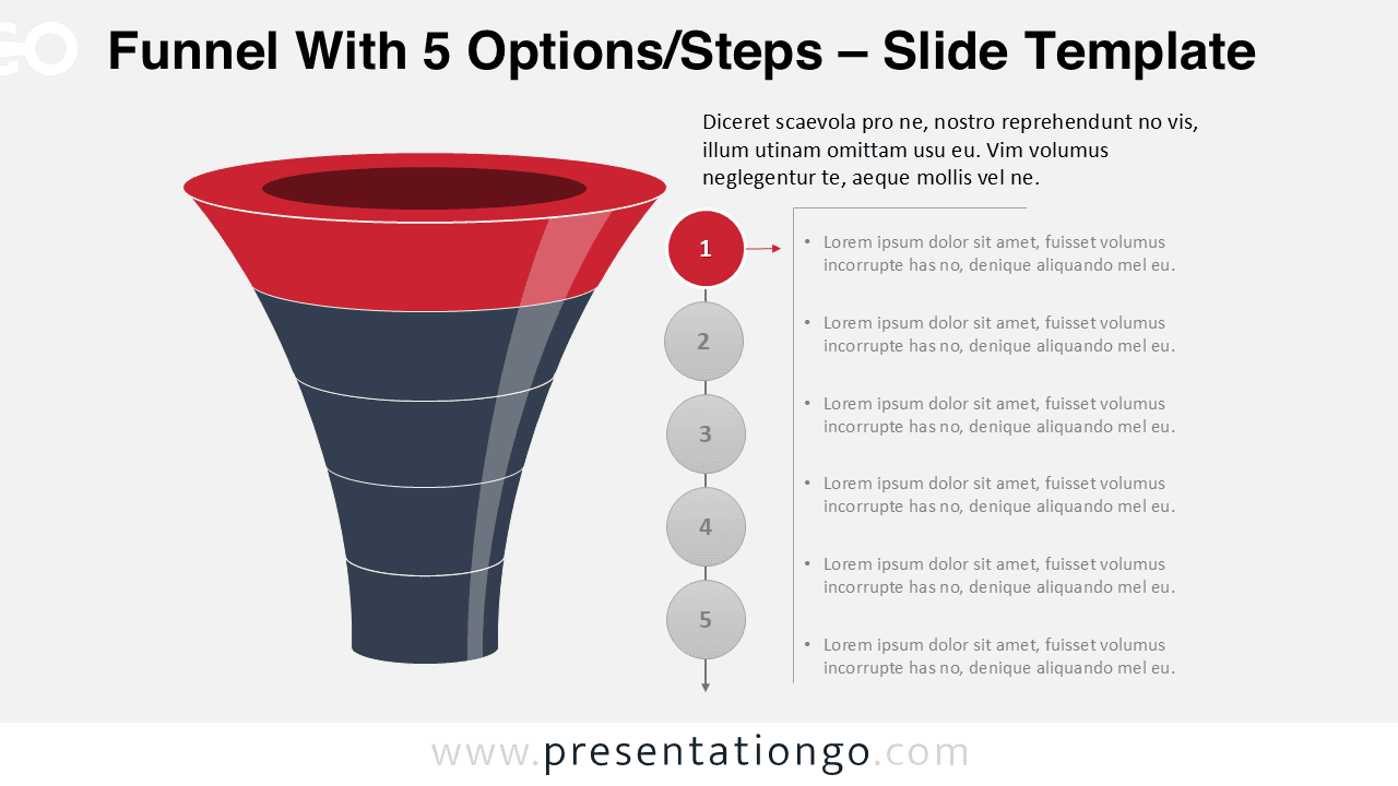 5-step layered funnel process diagram for PowerPoint showing stacked funnel stages used to illustrate marketing conversion or workflow steps.