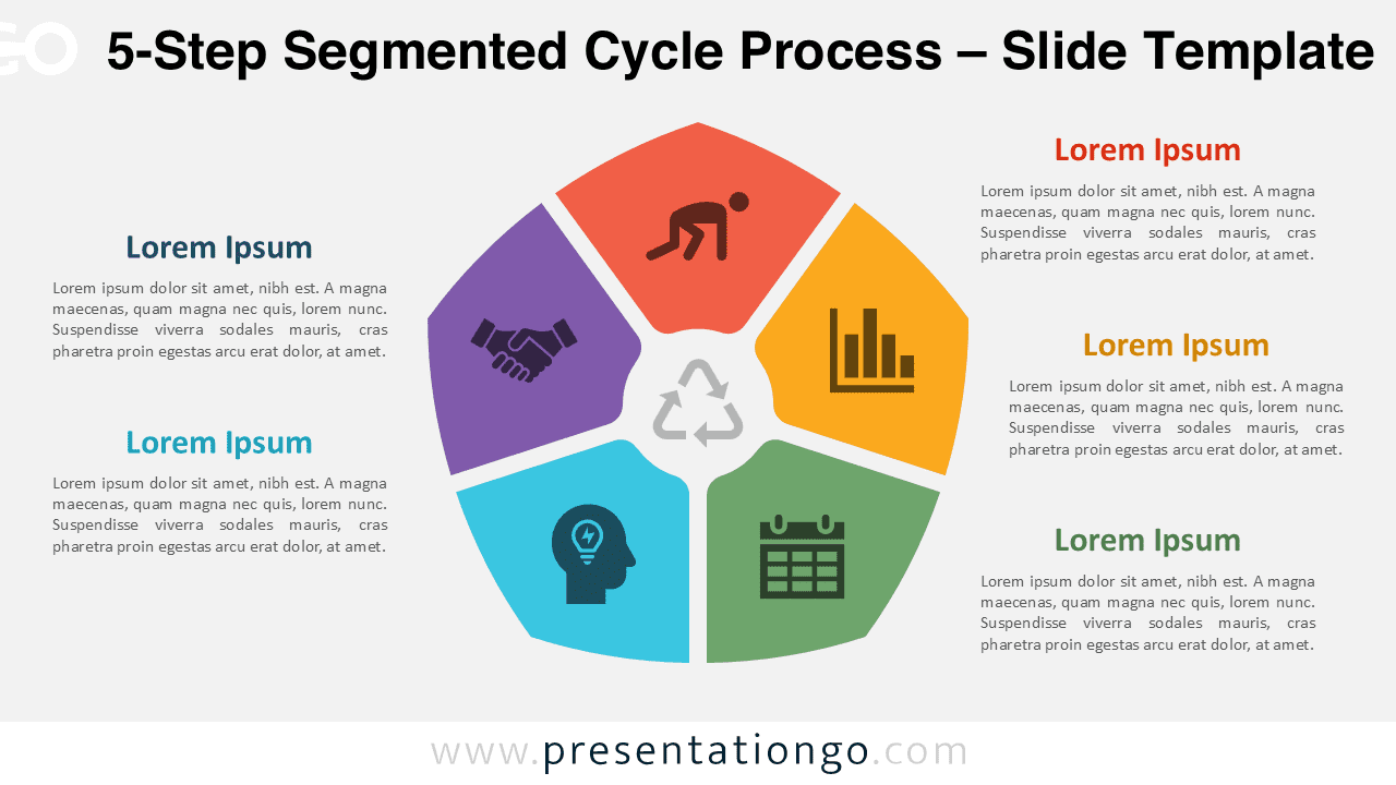 5-Step Segmented Cycle Process diagram for PowerPoint and Google Slides featuring a circular workflow with five segments and editable icons.