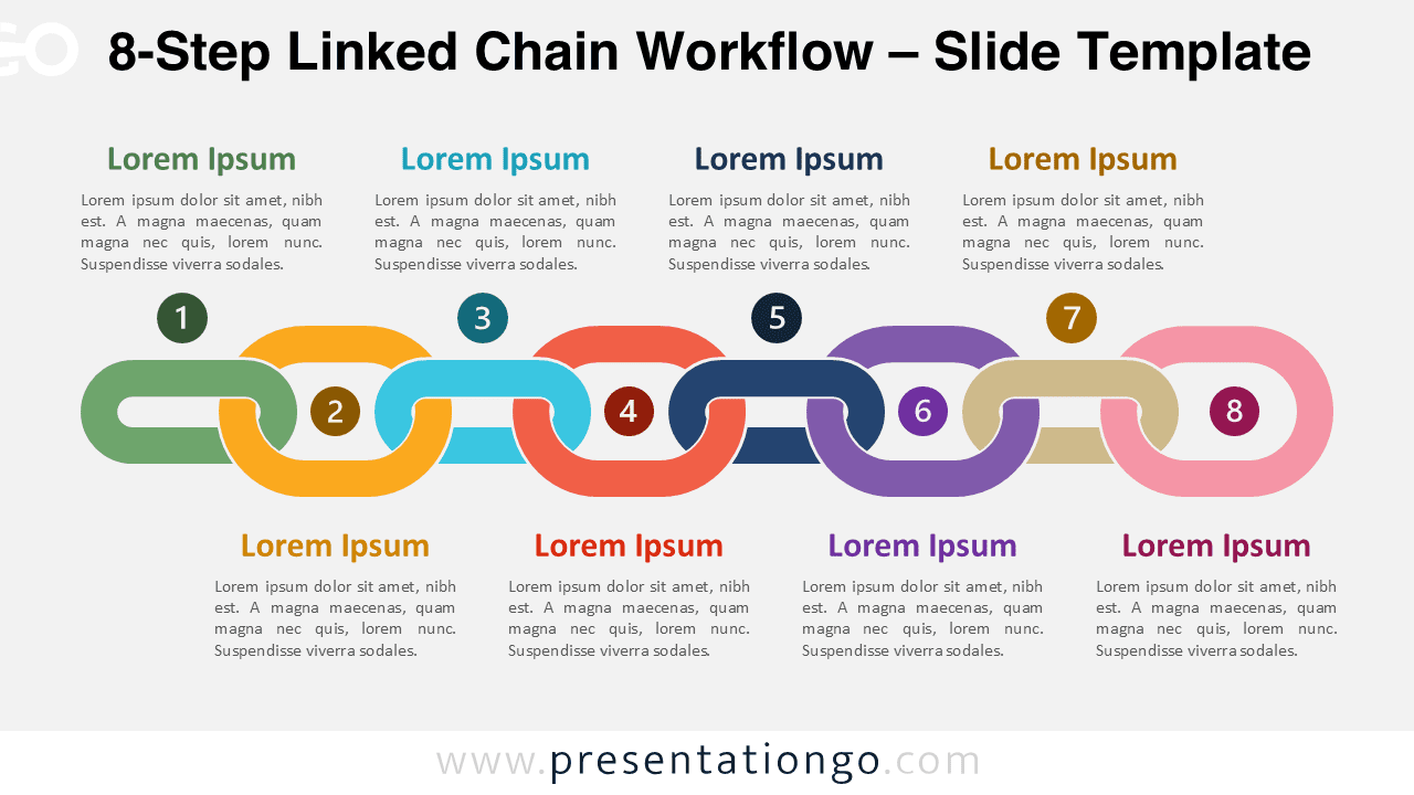 8-step linked chain workflow diagram for PowerPoint with interlocking chain shapes representing sequential process stages, also editable in Google Slides.