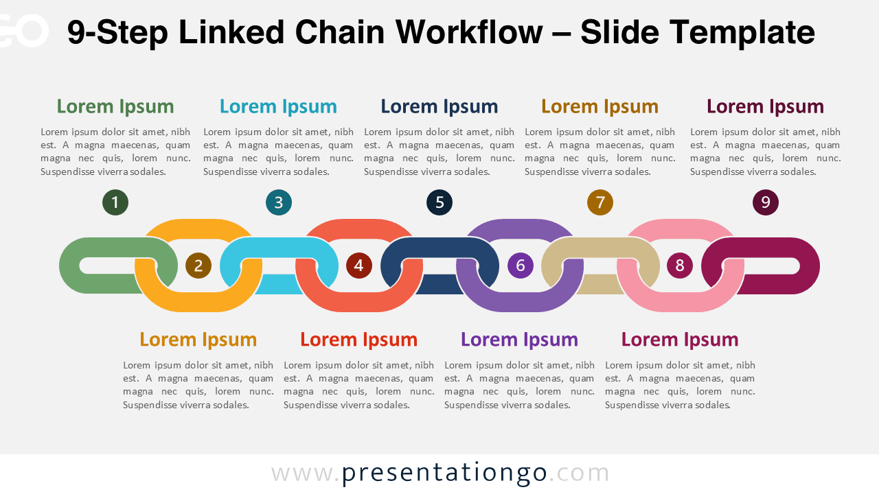 9-step linked chain workflow diagram for PowerPoint with interlocking chain shapes illustrating sequential process stages, also editable in Google Slides.