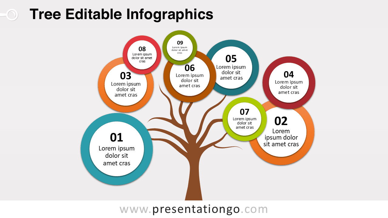 Bubbles tree diagram for PowerPoint showing a tree with nine circular bubbles representing ideas, concepts, or strategy elements.