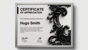 Ebony scrollwork elegance certificate template for PowerPoint and Google Slides with classic monochrome design and ornate decorative elements for luxury awards.