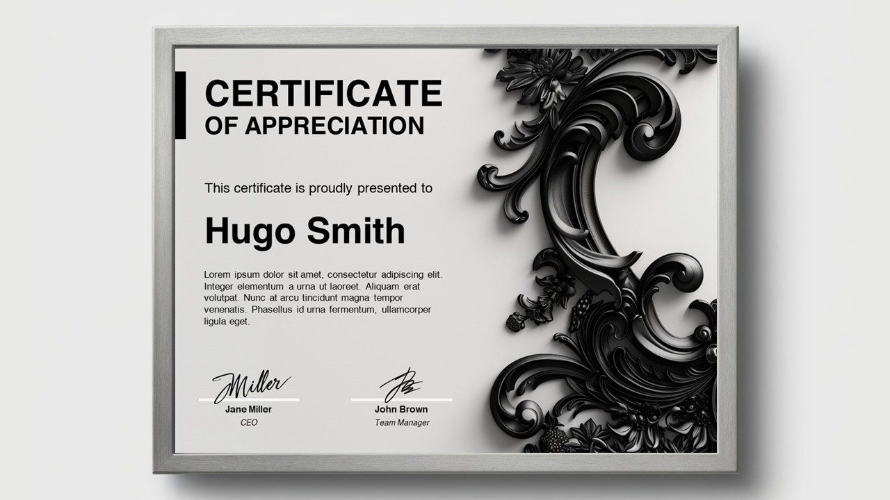 Ebony scrollwork elegance certificate template for PowerPoint and Google Slides with classic monochrome design and ornate decorative elements for luxury awards.