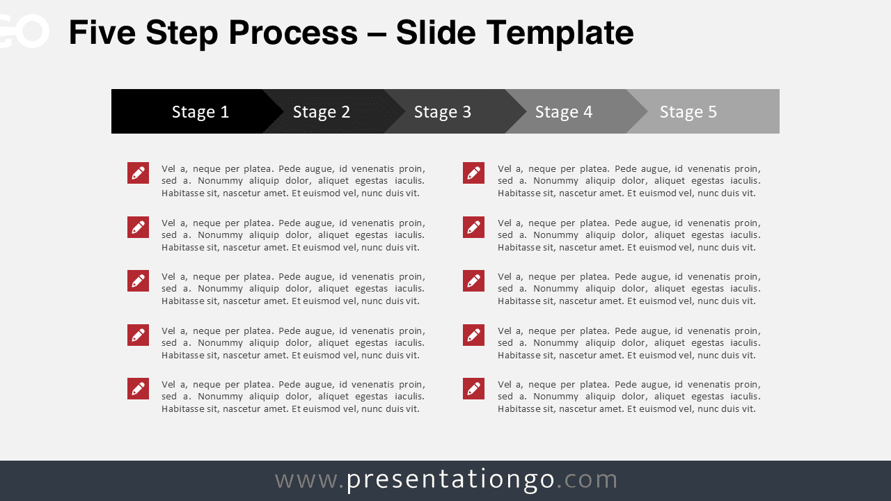 Five step process PowerPoint template with horizontal arrow stages illustrating a linear workflow, timeline, or sequential process.
