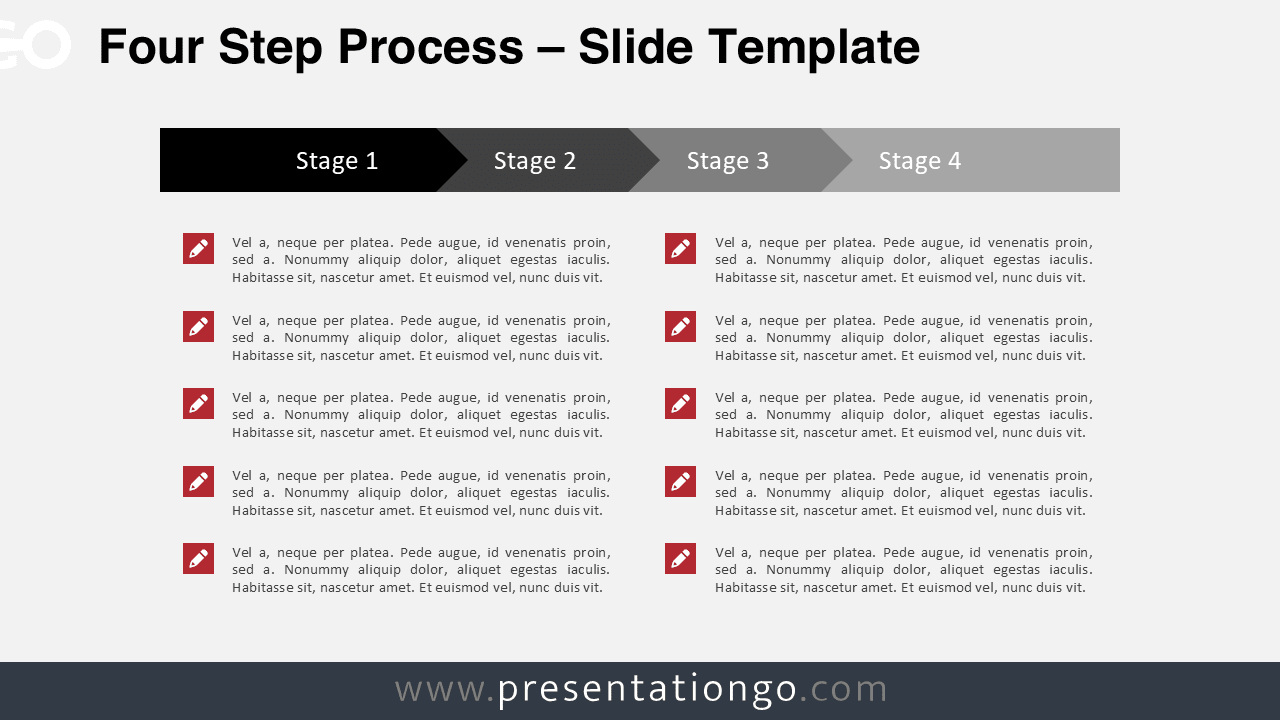 Four step process PowerPoint template with horizontal arrow stages showing a linear workflow or timeline progression diagram.