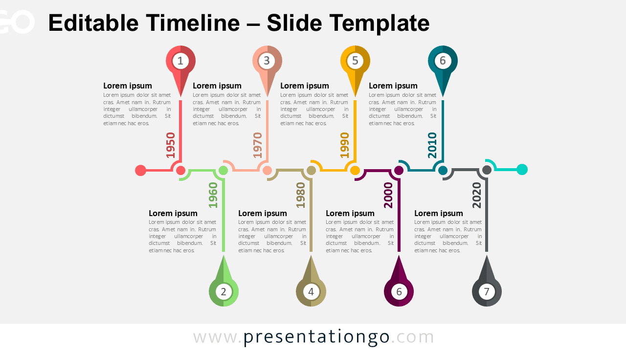 Editable horizontal timeline template for PowerPoint with colorful pin markers and multiple events, ideal for showing chronological evolution.