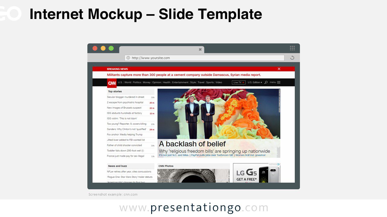 Internet browser mockup template for PowerPoint showing a website layout displayed inside a flat design web browser window.