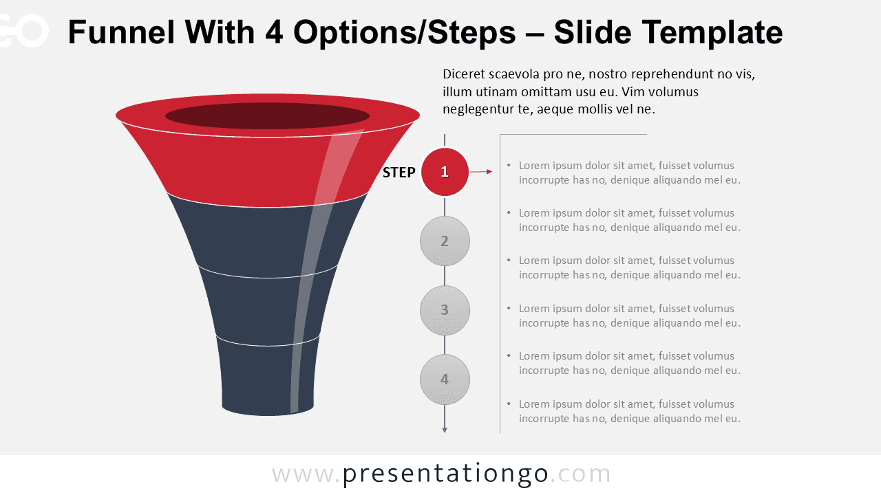 Editable layered funnel diagram for PowerPoint highlighting step 1, ideal for presenting conversion stages or structured process flow.