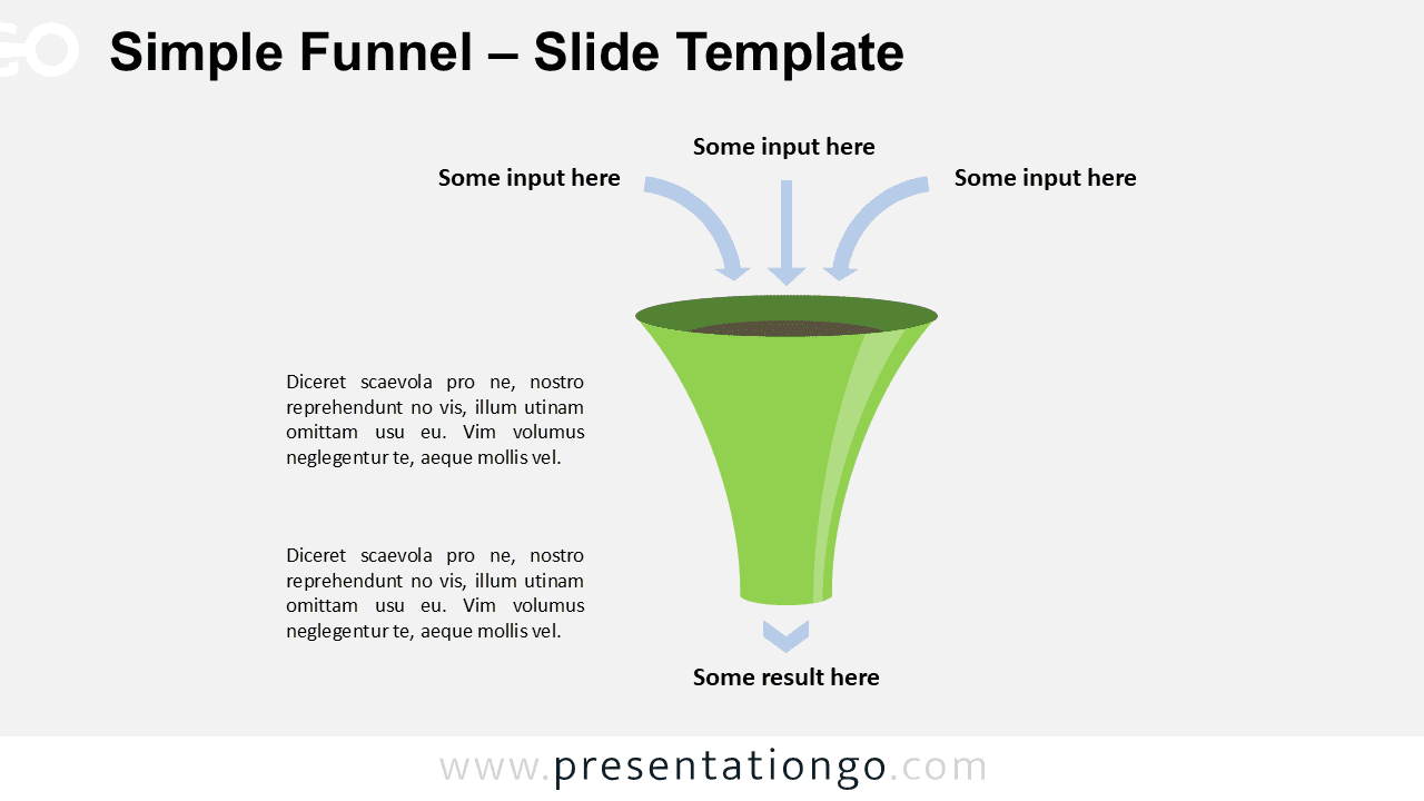 Editable simple funnel chart for PowerPoint showing vertical funnel with input arrows and output, suitable for illustrating conversion flow.