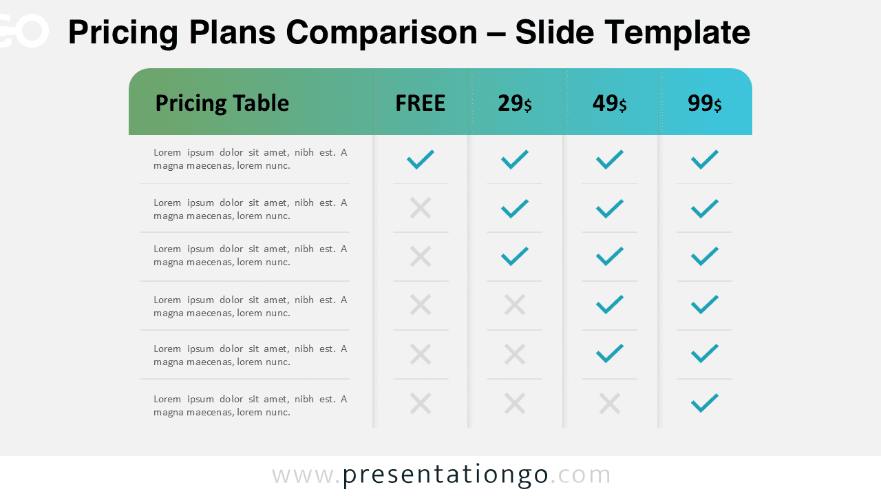 Pricing plans comparison diagram for PowerPoint and Google Slides showing tiered pricing table with checkmarks and feature comparison layout.