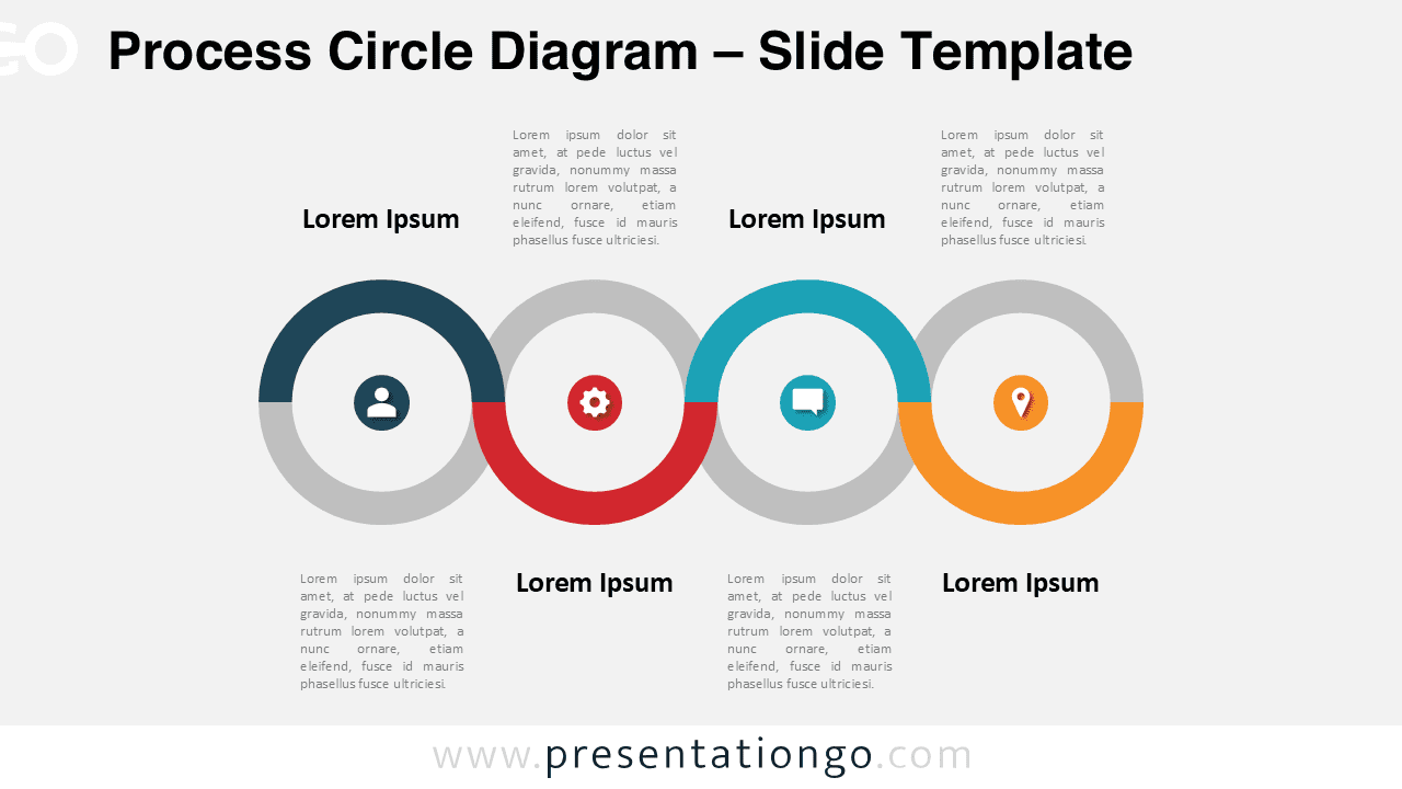 Process circle PowerPoint diagram with four connected circular stages illustrating a workflow, timeline or sequential process.