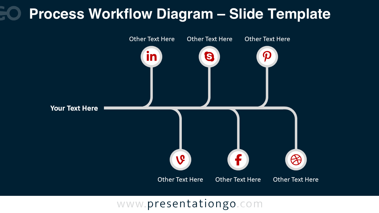 Process workflow PowerPoint diagram showing six connected steps with branching workflow structure for presentations.