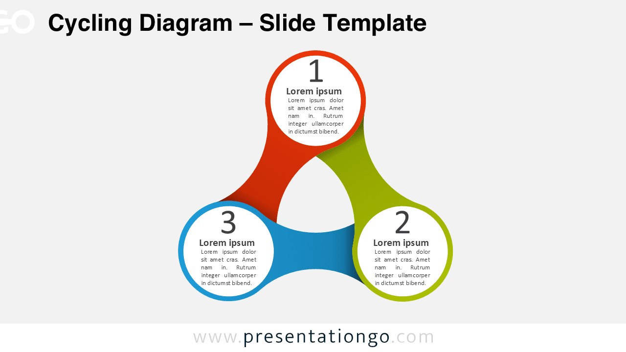 Editable triangular cycle PowerPoint diagram with three circular nodes connected by infinity-style shapes, ideal for processes or ideas.