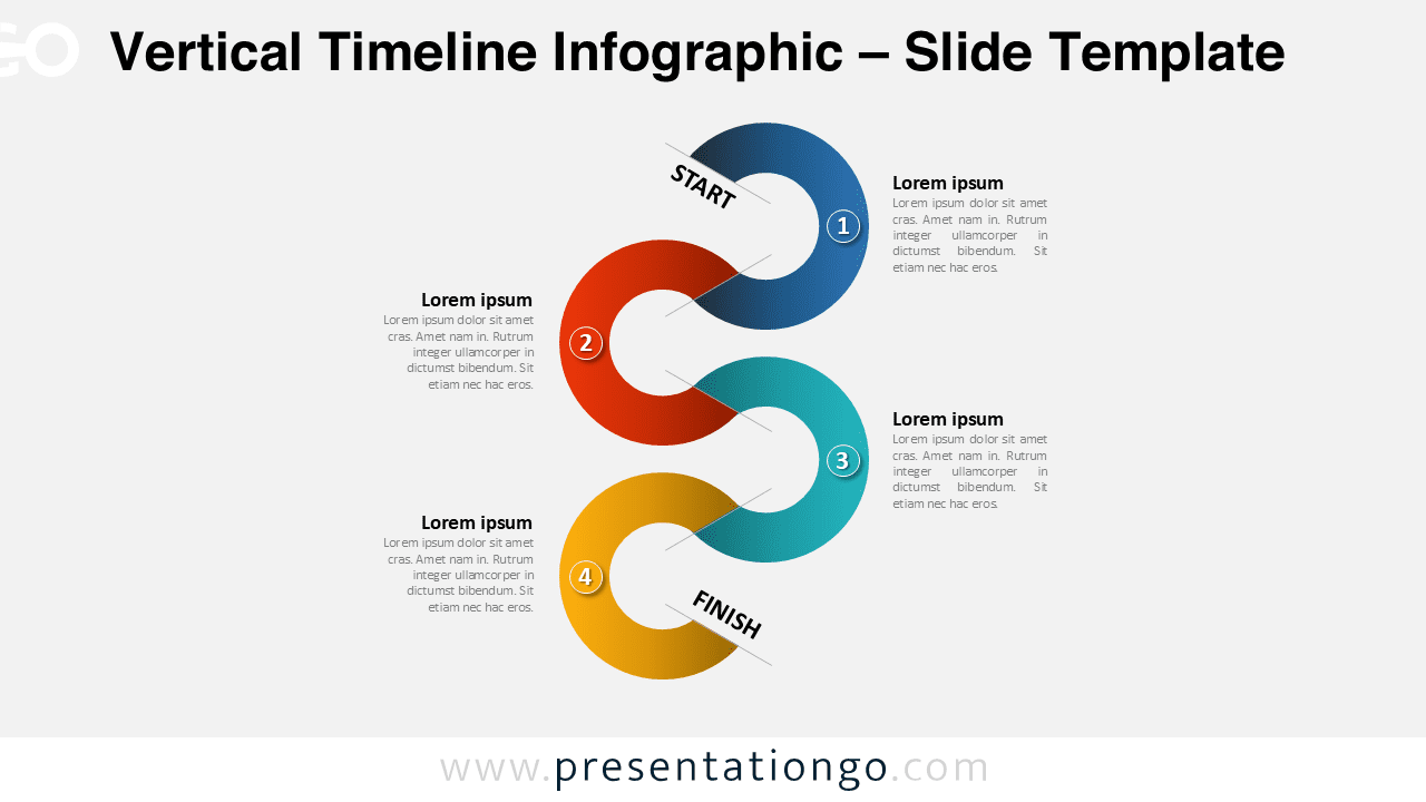 Vertical timeline infographic PowerPoint slide with four curved connected steps in a serpentine layout for process, planning, or workflow stages.