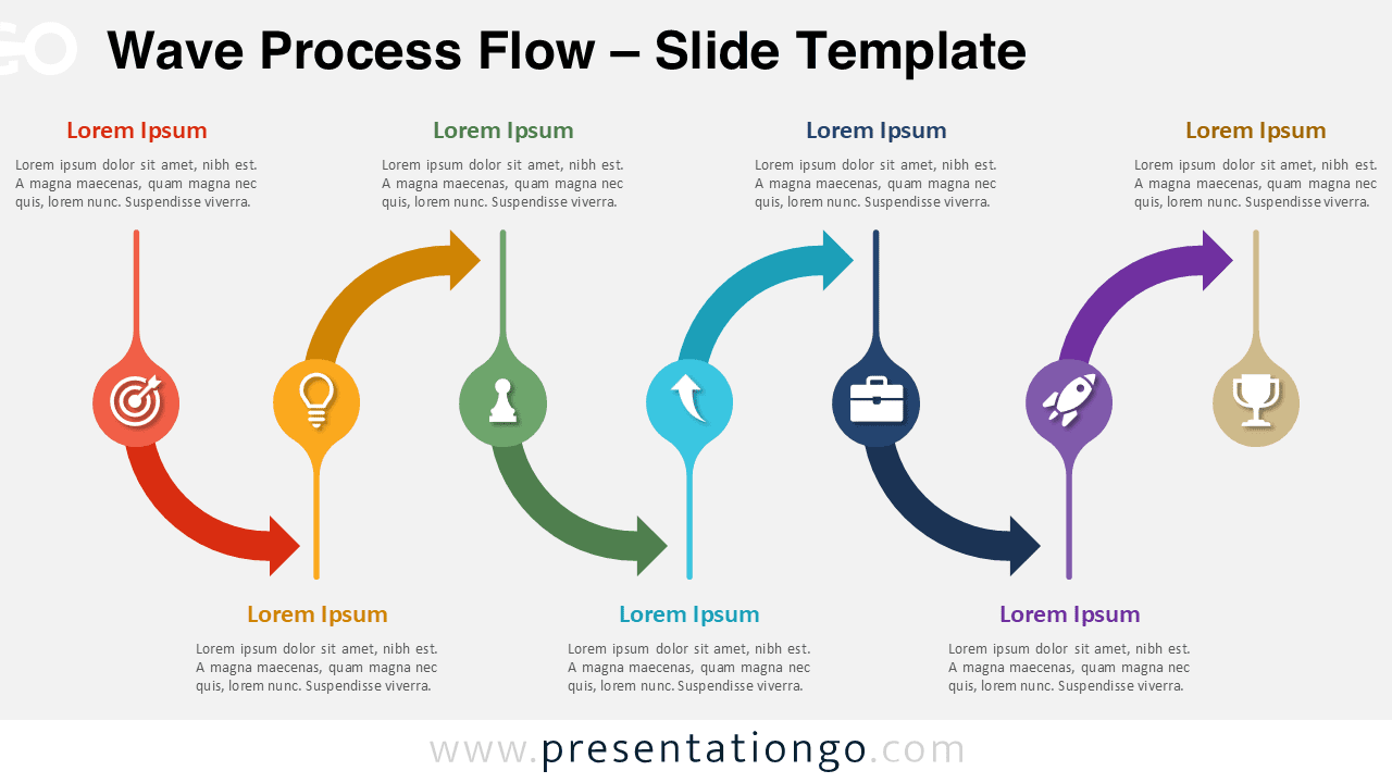 Wave Process Flow diagram for PowerPoint and Google Slides showing a colorful curved multi-step workflow with icons and smooth transitions