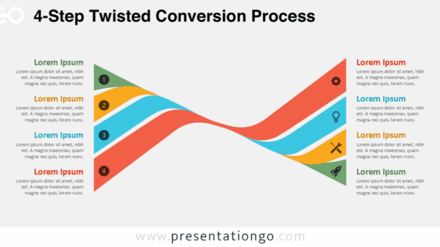 4-Step Twisted Conversion Process for PowerPoint 4-Step Twisted Conversion Process diagram for PowerPoint and Google Slides with flowing ribbons, icons, and text blocks.