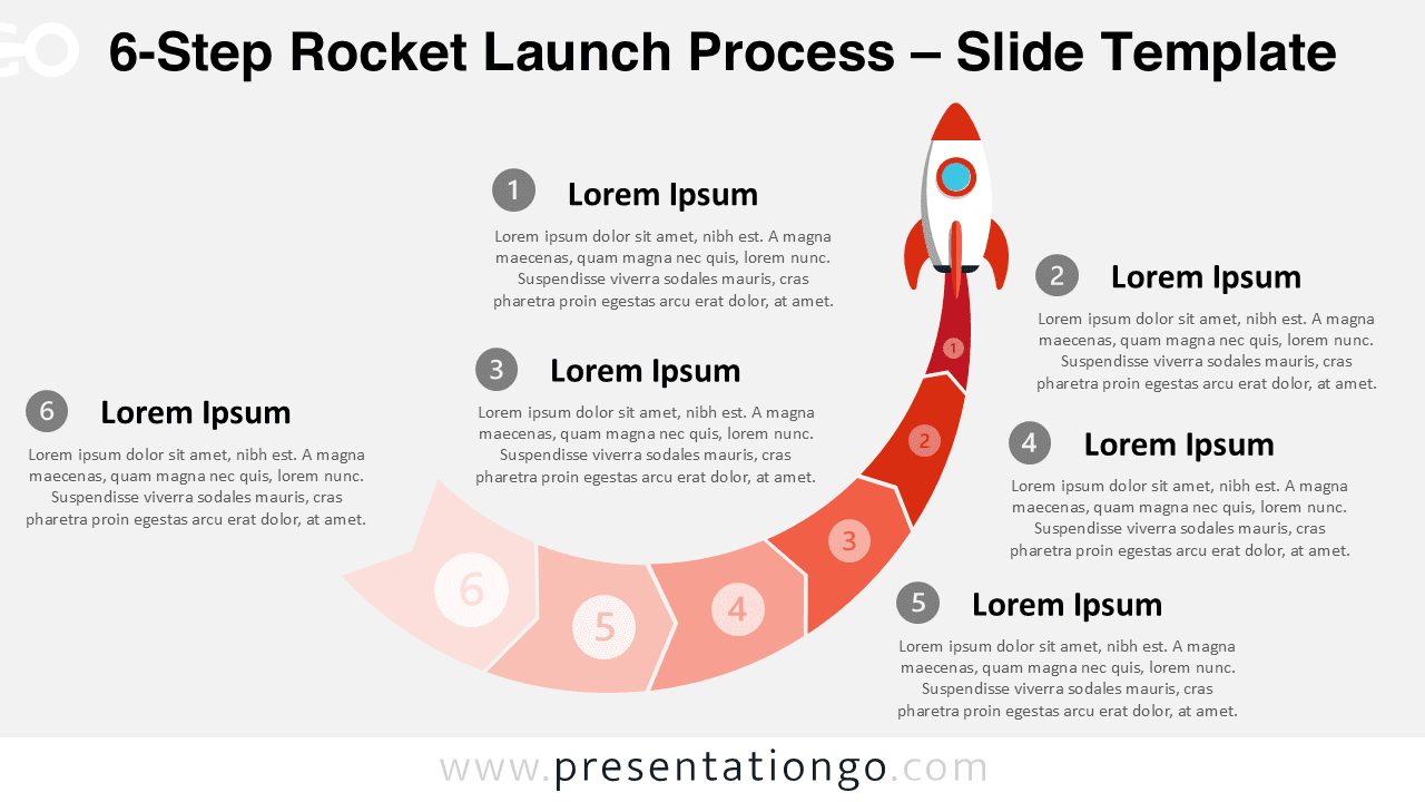 6-Step Rocket Launch Process diagram for PowerPoint and Google Slides showing a curved roadmap with six editable steps.