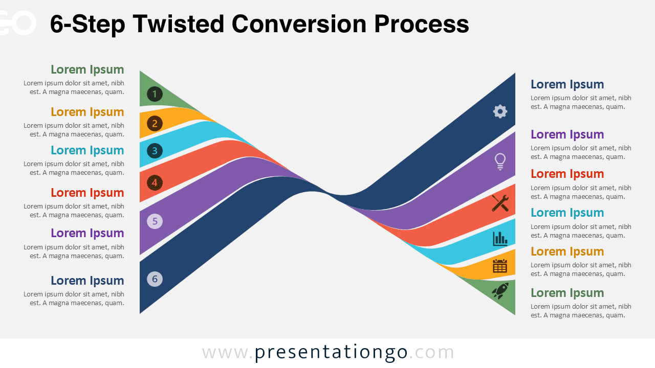 6-Step Twisted Conversion Process diagram for PowerPoint and Google Slides with flowing ribbons, icons, and text blocks.