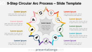 9-step circular arc process diagram for PowerPoint and Google Slides presenting nine stages in a continuous circular flow with icons