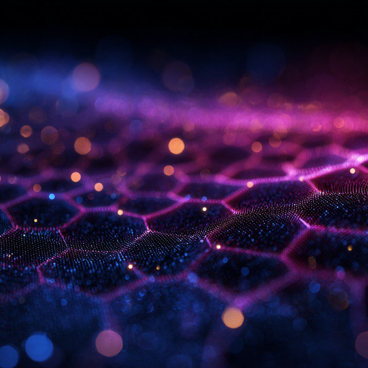 Abstract digital hexagon network with glowing blue and pink lights across a futuristic data landscape.