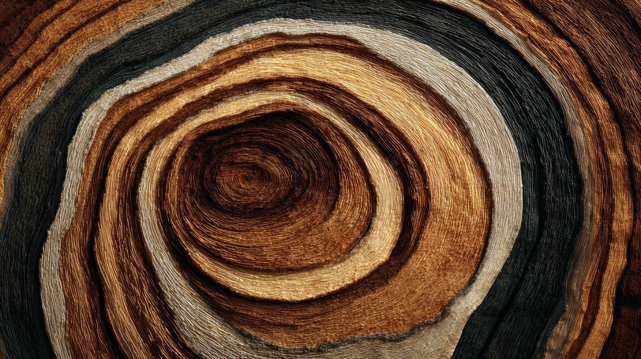 Close-up of abstract tree rings with layered wood grain in brown, cream, and black tones.