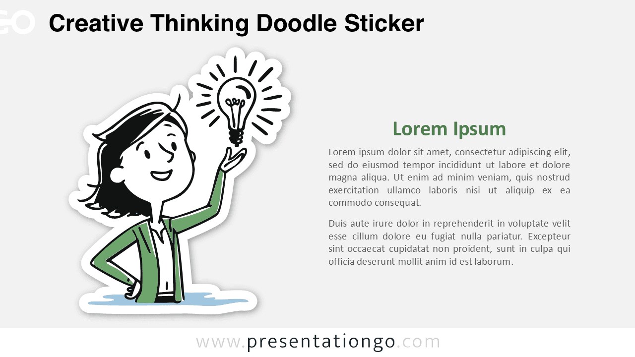 Creative Thinking Doodle Sticker for PowerPoint and Google Slides showing a woman presenting an idea light bulb.