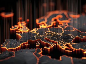 Abstract glowing map of Europe with data-style lines and bright orange highlights, symbolizing salary analytics.