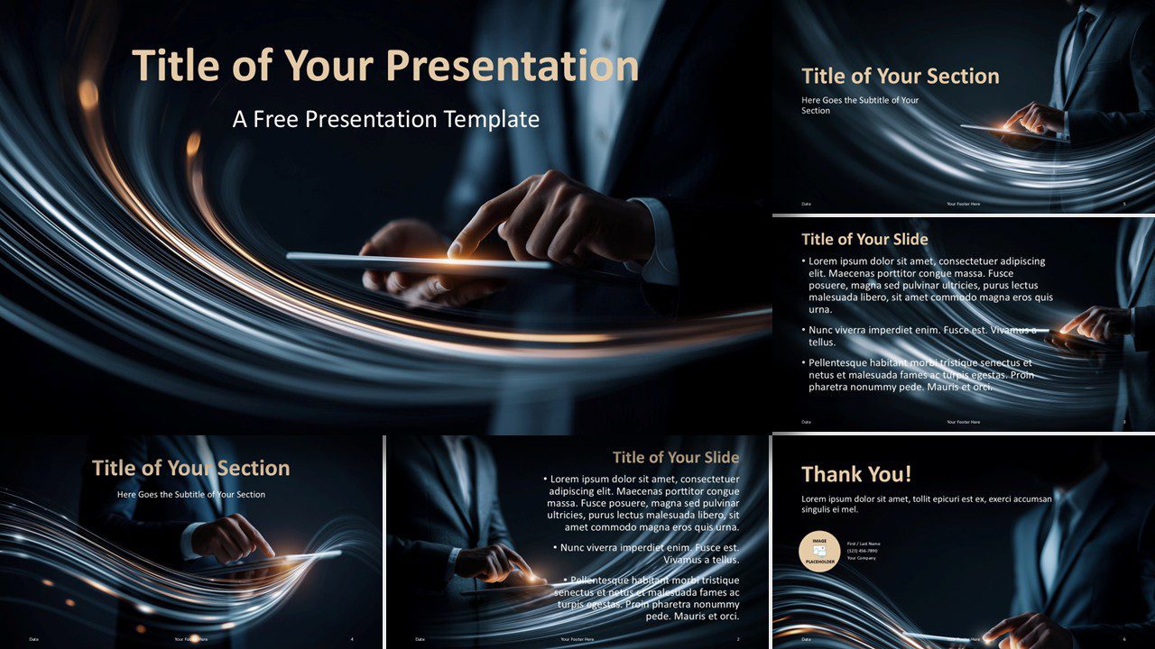 Future Touch presentation template for PowerPoint and Google Slides with modern dark design, sleek layouts, and fully editable slides.