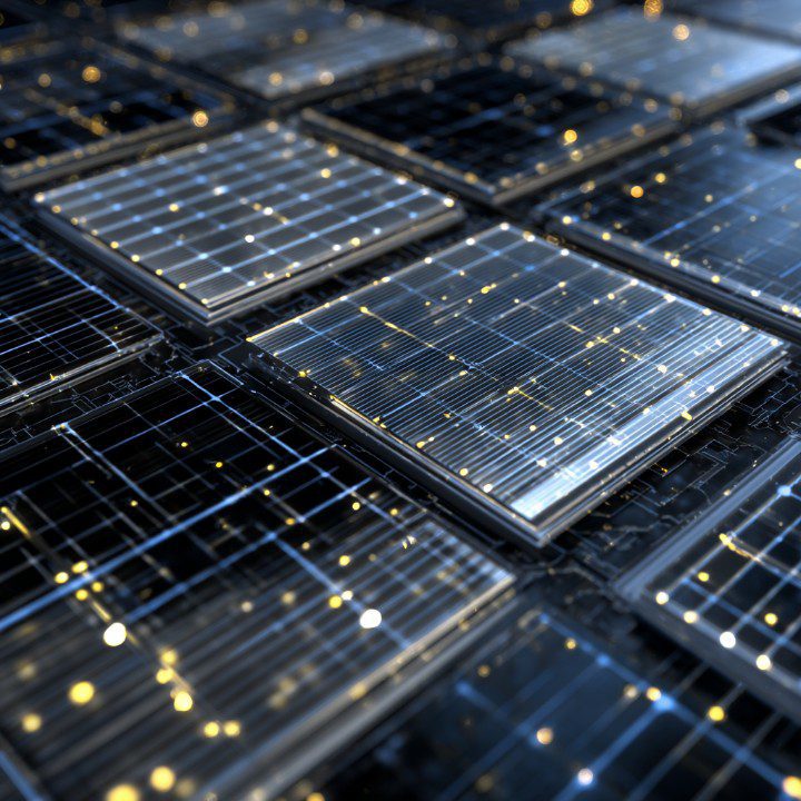 Glowing futuristic solar panels on a digital energy grid, symbolizing renewable power and smart technology.