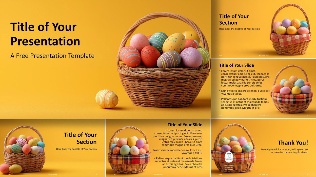 Golden Easter Eggs template for PowerPoint and Google Slides with colorful slides, festive egg visuals, and fully editable layouts.