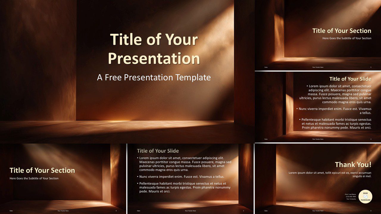 Light Path Illumination template for PowerPoint and Google Slides featuring all slides with warm lighting, elegant layouts, and modern design.