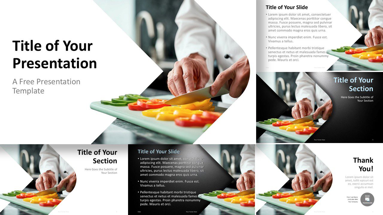Professional Chef template for PowerPoint and Google Slides showing all slide layouts for culinary, restaurant, and hospitality use.