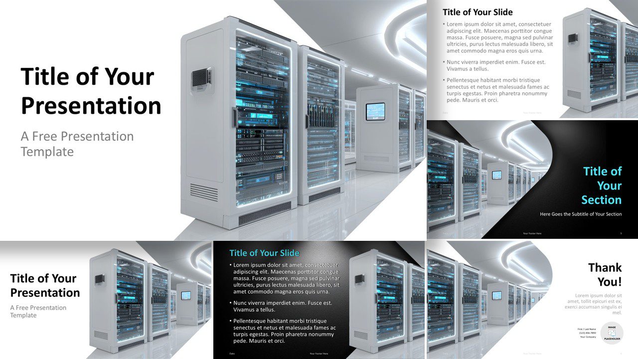 Complete Data Center Tech template for PowerPoint and Google Slides with server-room layouts and editable tech slides.
