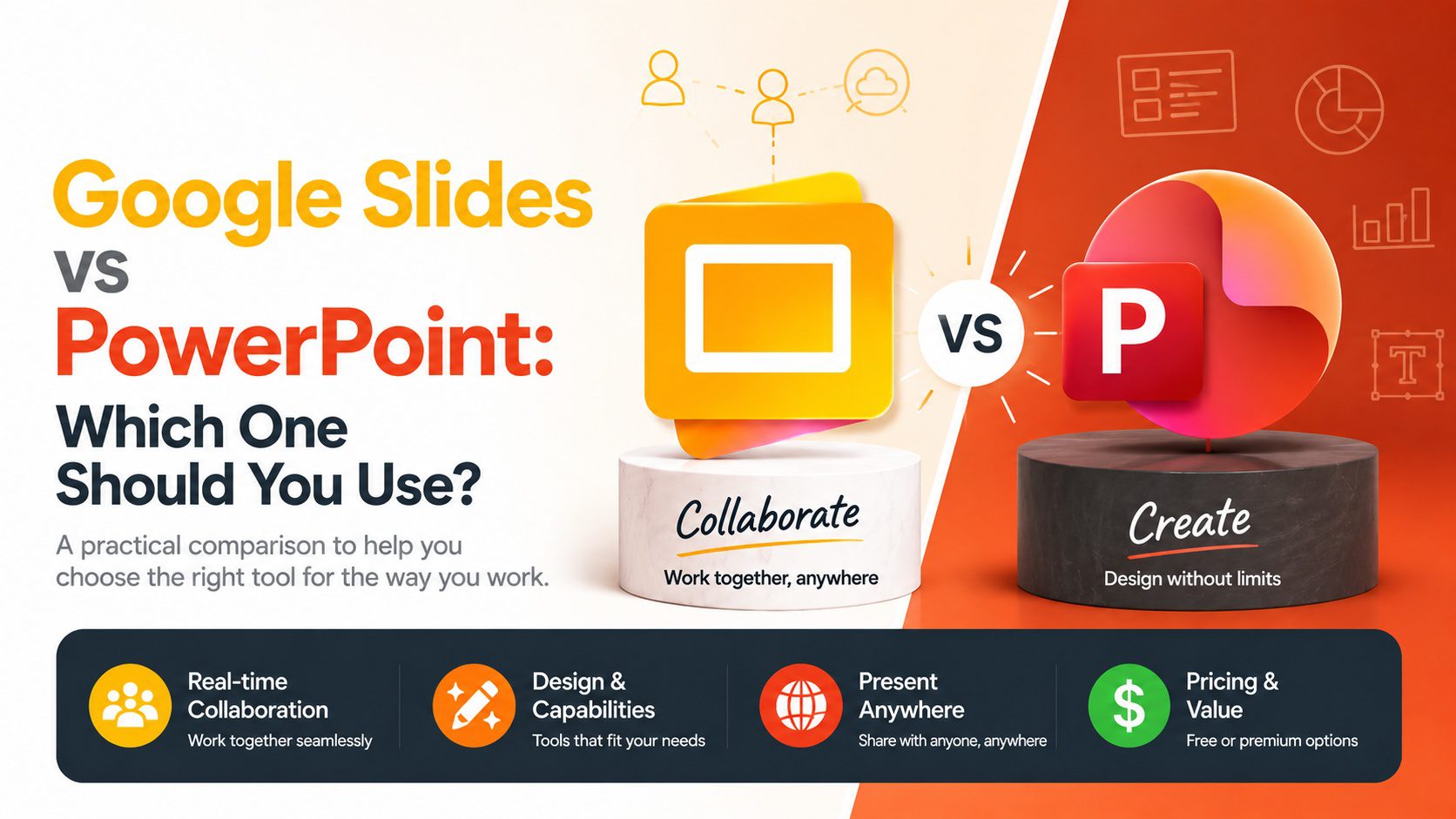 Comparison guide for Google Slides vs PowerPoint — covering design, collaboration, cost, offline access, and AI features