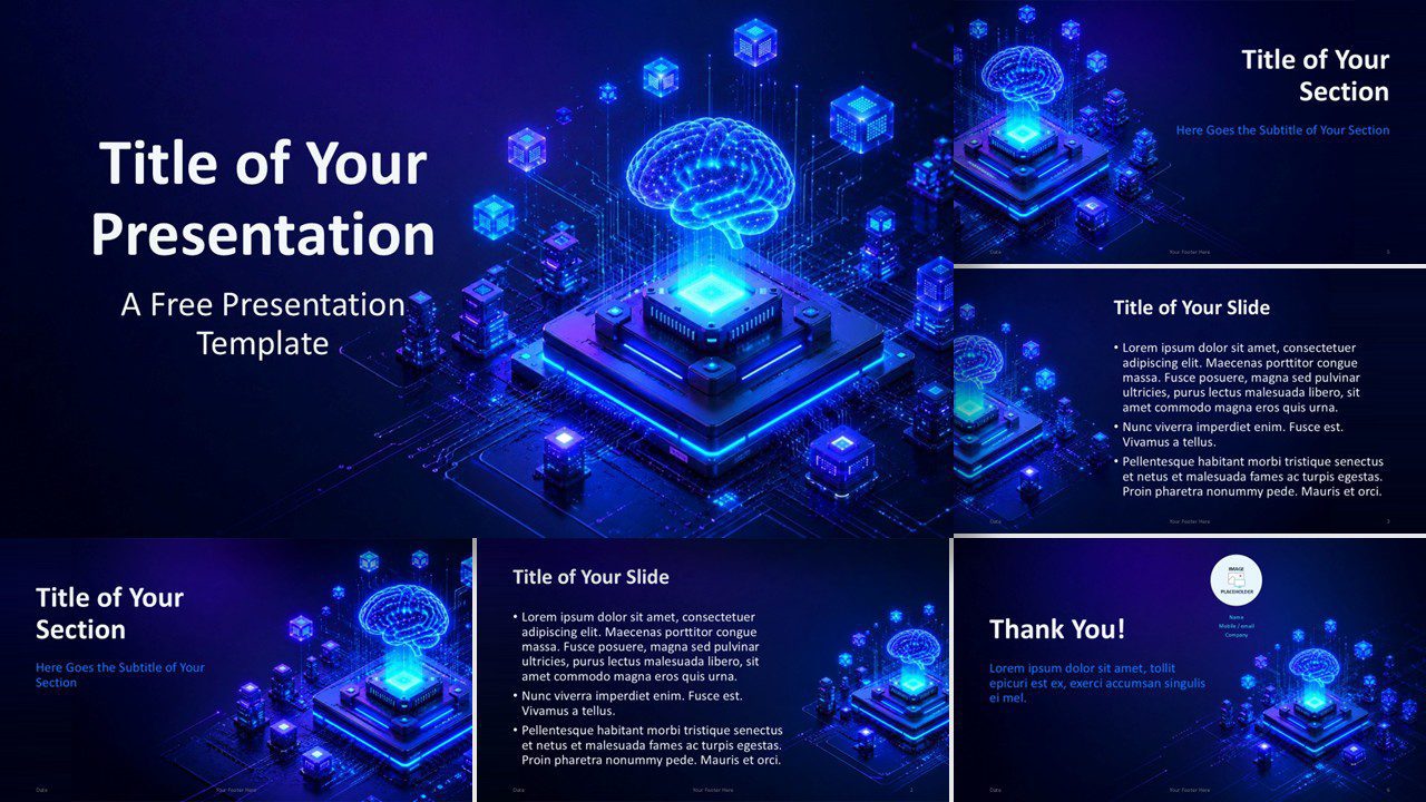 AI Processor template for PowerPoint and Google Slides showing all editable slides with neon AI visuals and clean layouts.