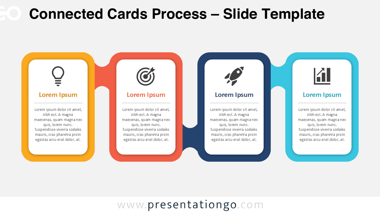 Connected Cards Process diagram for PowerPoint and Google Slides showing four linked cards with editable Office icons.