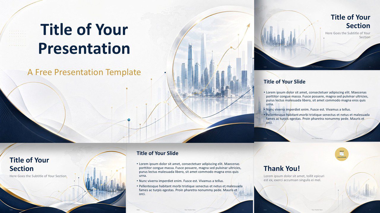 Executive Skyline template preview for PowerPoint and Google Slides with business layouts, city visuals, and gold accents.