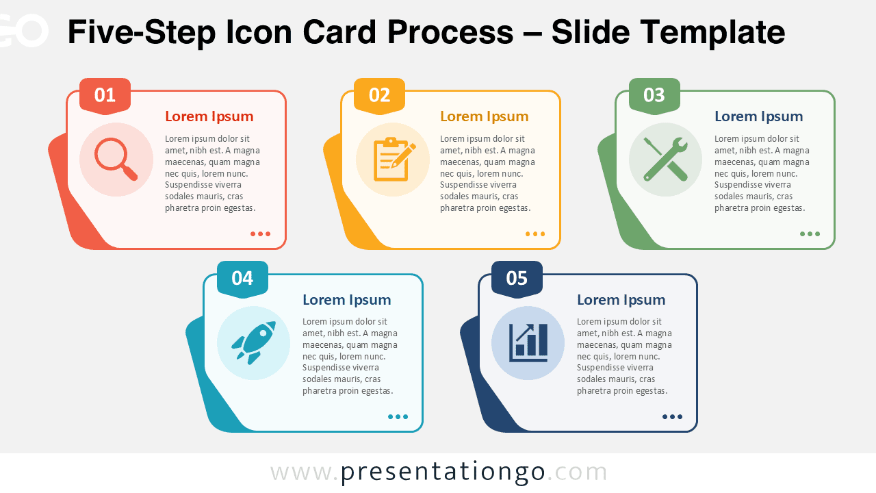 Five-Step Icon Card Process diagram for PowerPoint and Google Slides with numbered cards, Office icons, and editable text.