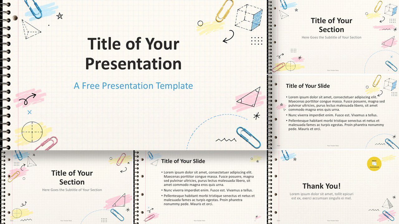 Grid Notebook Template for PowerPoint and Google Slides showing editable classroom slides with doodles and pastel accents.