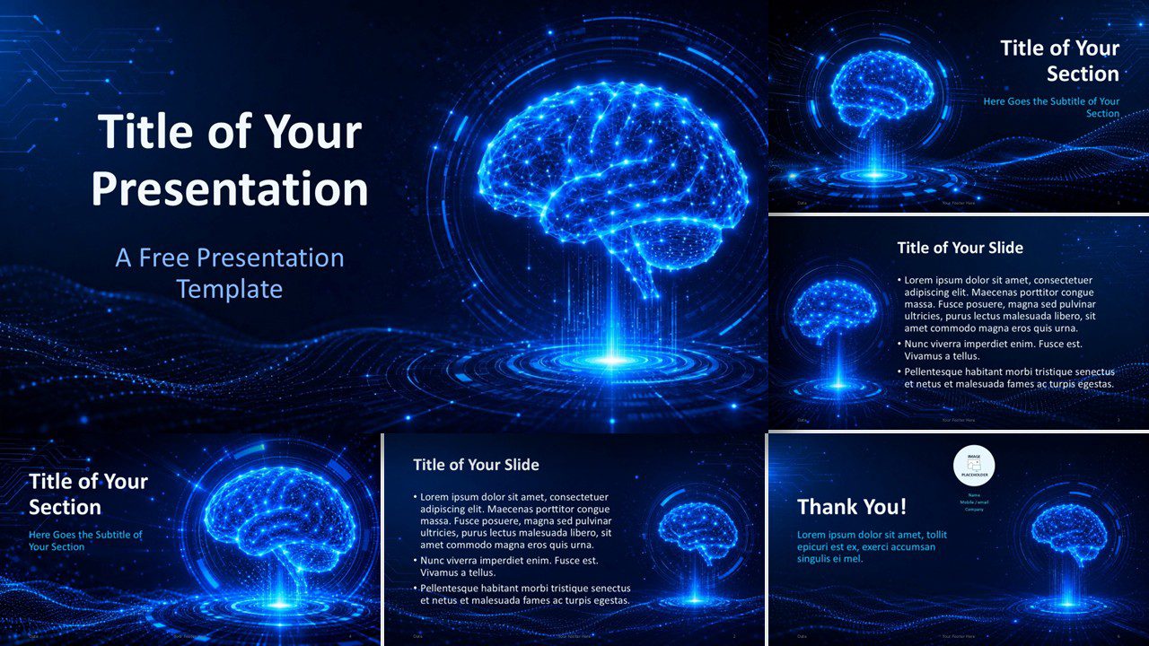 Neural Intelligence Template preview for PowerPoint and Google Slides showing AI brain slides with dark tech style.
