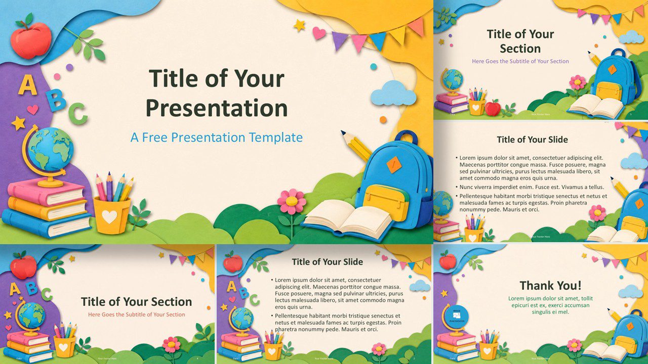 Playful Learning template for PowerPoint and Google Slides with colorful school scenes, editable layouts, and classroom style