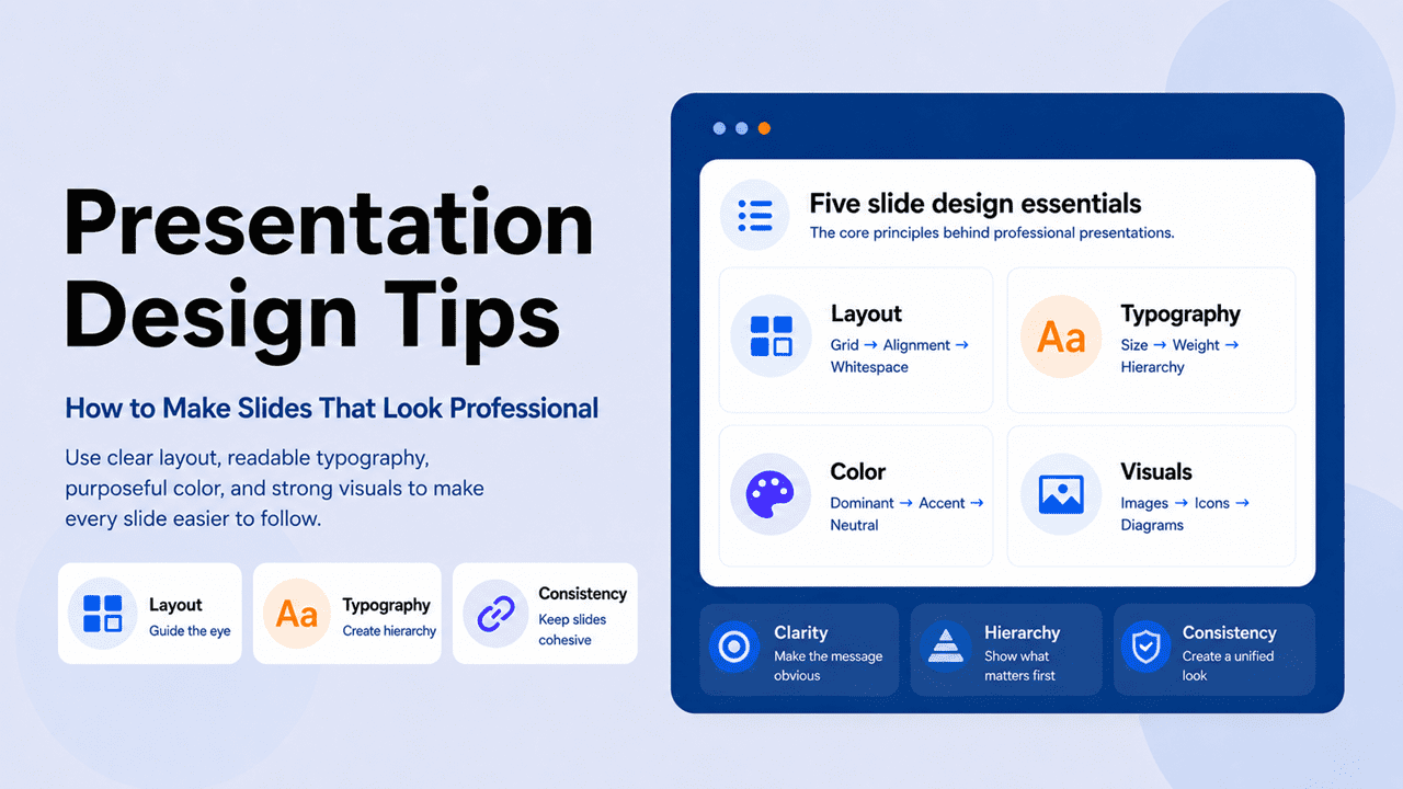 Presentation design tips — five slide design essentials: layout, typography, color, visuals, and consistency for professional slides