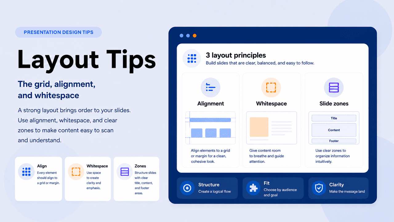 Presentation layout tips showing three principles — alignment to a grid, whitespace for emphasis, and slide zones dividing title, content, and footer areas