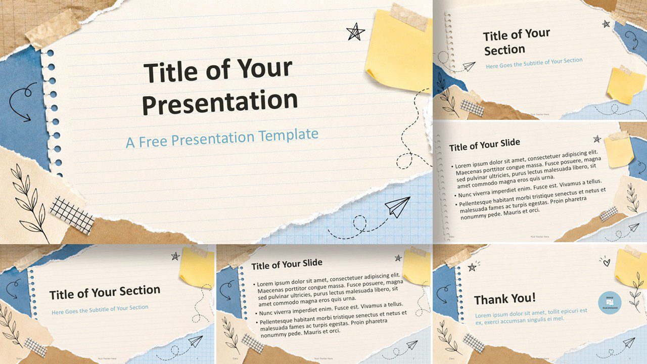 Scrapbook Notes template for PowerPoint and Google Slides with all slides, torn paper textures, doodles, and warm colors.